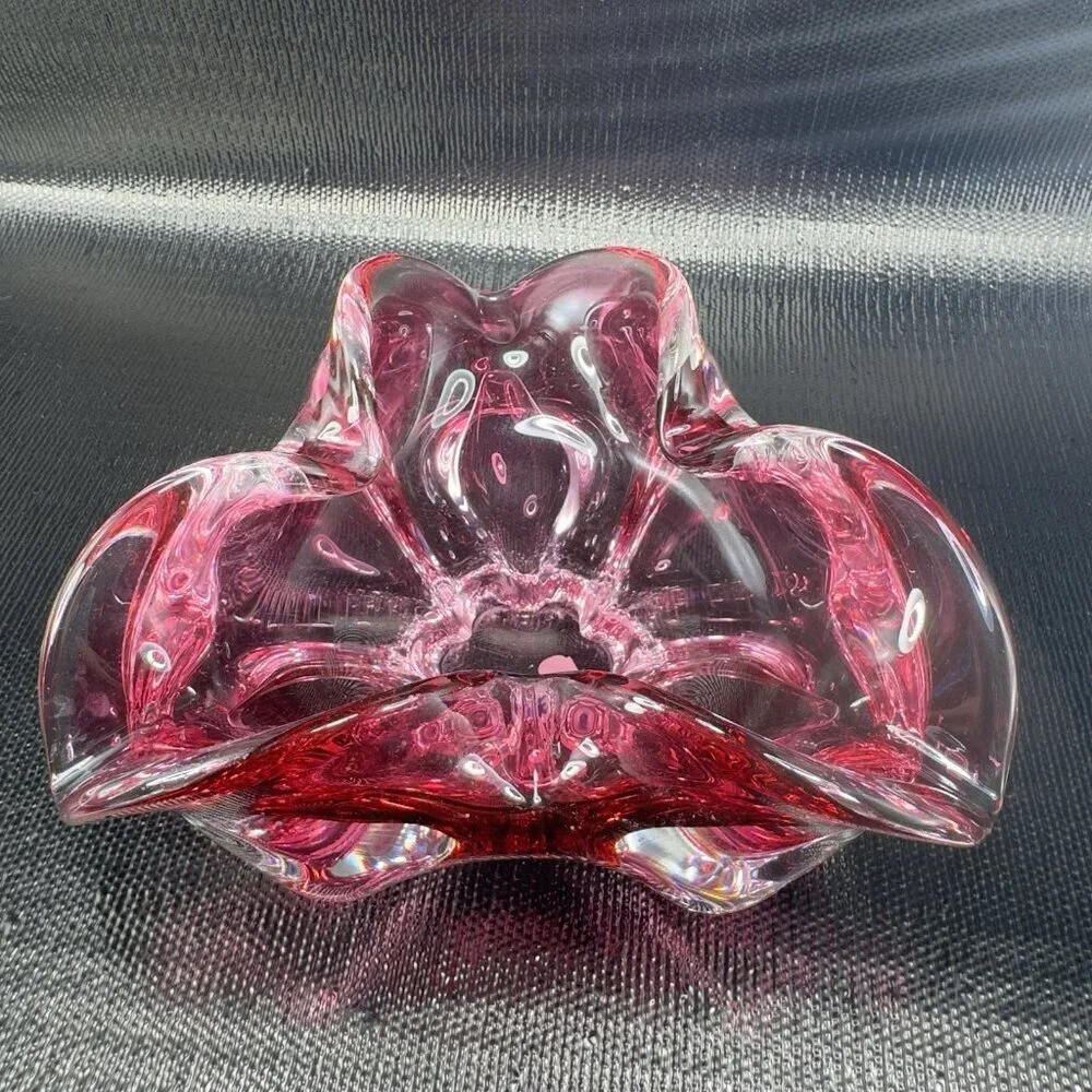 Hand Blown Bohemian Cranberry Art‎ Glass Dish Bowl Folded Edges Original Sticker